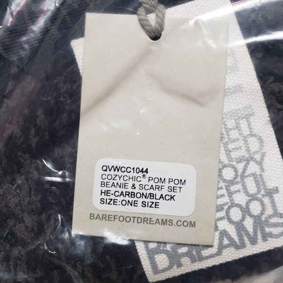 Barefoot Dreams CozyChic Pom Pom Beanie & Scarf Set Carbon/Black OS Winter Wear - Picture 4 of 12
